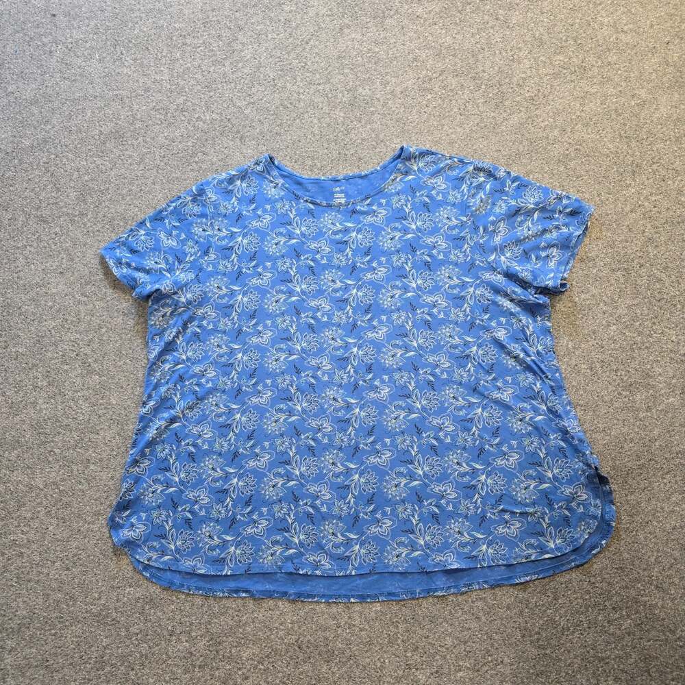 J Jill Top Womens 3X Blue Floral Fit Progress Shirttail Tee Short Sleeve Casual